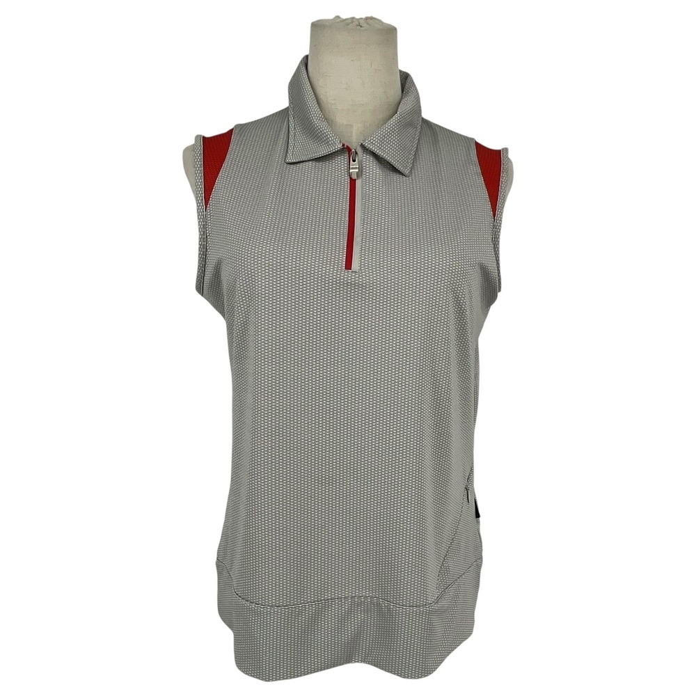 Nivo Womens Sleeveless Golf Polo Shirt Grey Red Quarter Zip Textured Top Size M
